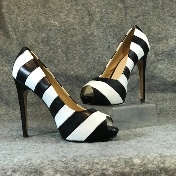 Sasha New York Leather Black and White Stripes Heel Peep Toe Shoes - Picture 2 of 12
